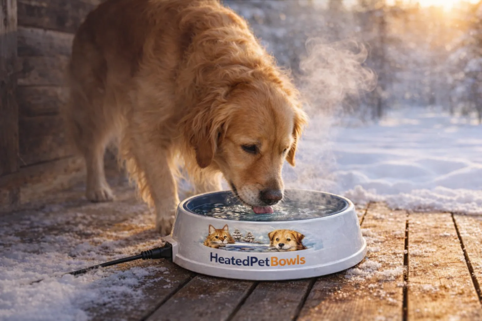 Golden retriever drinking unfrozen water from a HeatedPetBowls heated bowl on a snowy Nordic porch